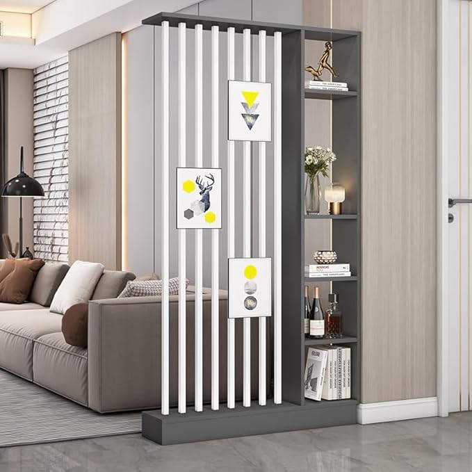 Wall Room Divider, Storage Cabinet Storage Display with Shelves, Modern Freestanding Wood Room Divider Screen, Wall Privacy Screens for Home Decorative (Grey+White,43.3" L x 9.5" W x 79.5" H)