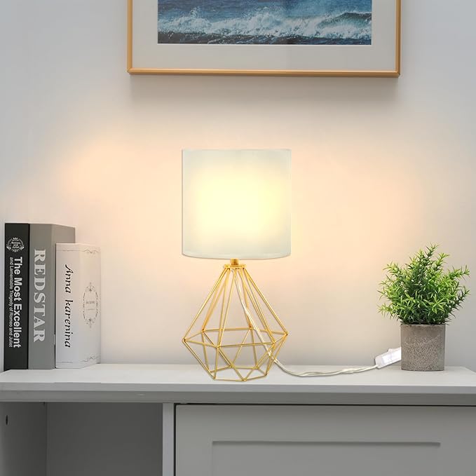 Gold Modern Small Table Lamp for Bedroom & Living Room - Geometric Metal Base, White Fabric Shade, Ideal for Bedside & Kids' Desk, Nightstand Lamp
