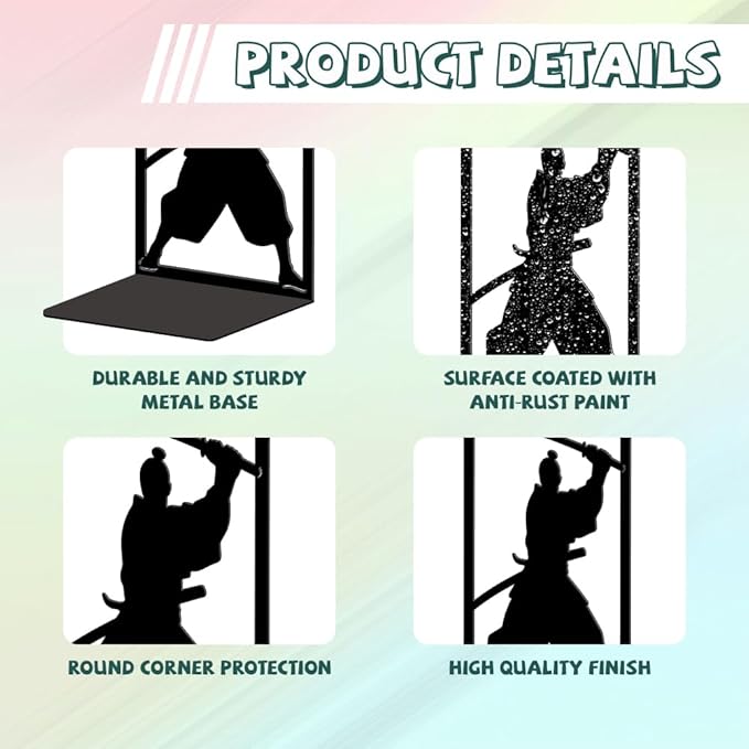 Peacoblue Metal Bookends for Shelves, Modern Decorative Heavy Duty Study Book Ends Stoppers for Office, Desk, Shelf, Room 5.3"x4.3"x7.9" Cast Iron Simple Tall Bookends 1 Pair (Japanese Samurai)