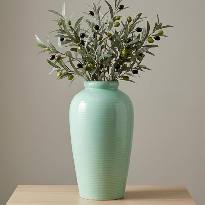 Green Ceramic Vase - 11 Inch Tall Modern Decorative Flower Vase for Living Room, Pottery Centerpiece Vases Home Decor, Eucalyptus, Mantel Decor, Side Table, Kitchen Decoration