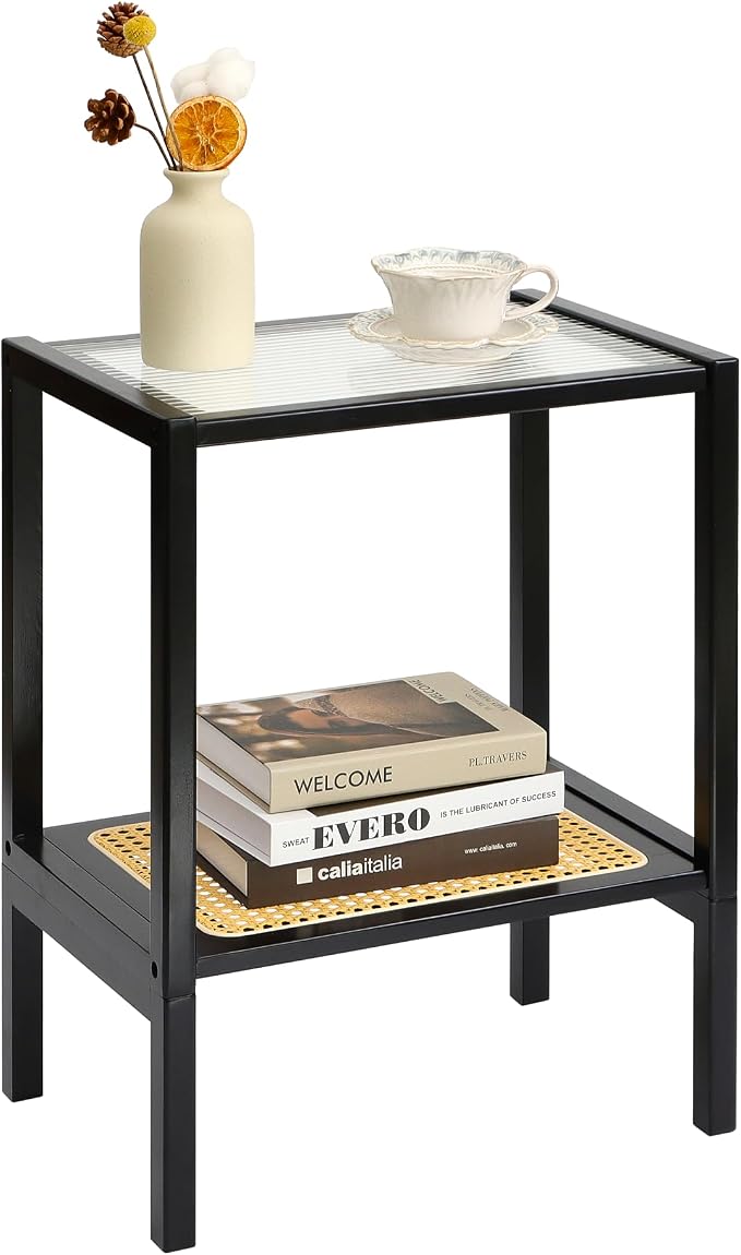 2-Tier Bamboo Side Table, Modern Glasstop Rattan Side Table, Mid Century Wood Sofa-Side End Tables for Living Room, Bedroom Night Stand with Storage, Small Narrow Coffee Tables, Black