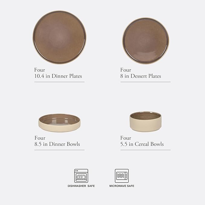 Gibson Elite Liberty Bay 16-Piece Pottery Clay Stoneware Dinnerware Set – Mocha Brown Reactive Glaze, Stackable Plates and Bowls W/Pasta Bowl, Service for 4 – Microwave & Dishwasher Safe