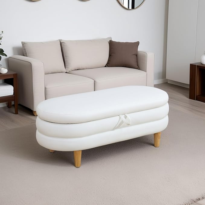 Storage Ottoman Bench 44.5 Inch Printed Fabric Upholstered Storage Bench for Bedroom End of Bed Large Oval Storage Ottoman for Living Room Entryway, Aesthetic (White-2)