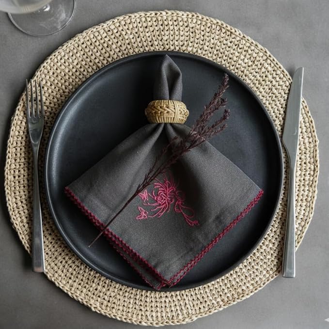 Luxury Embroidered Cloth Napkins – Coal Flame, Set of 6, 18x18 | Charcoal Dinner Napkins with Pink Floral Motif | Elegant Cotton Blend Table Napkins for Christmas, New Year & Formal Dining
