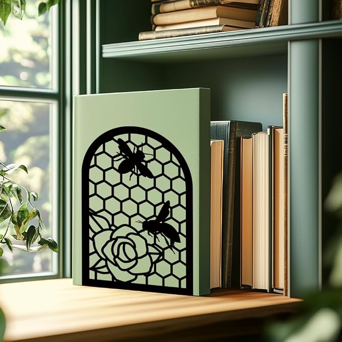 Black Metal Bookends for Shelves Decor Bees Heavy Duty Bookends for Book Supports Vintage Flower Book Stopper for Office Book Holder Shelf Accessories Unique 7x4.7x3.5 inch 1 Pairs/2 Pcs