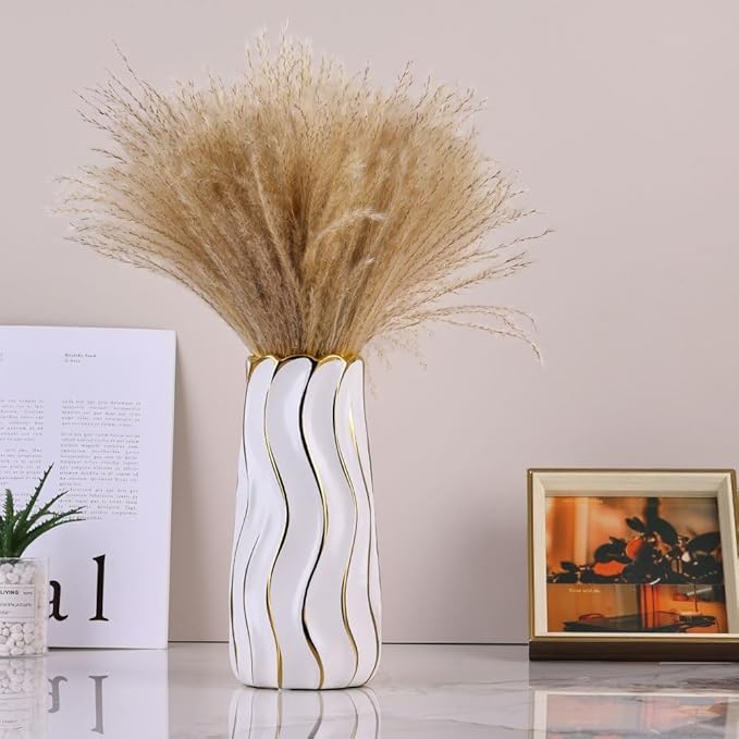 11.5" White Ceramic Vase - Minimalist Decor White and Gold Flower Vase, Modern Pampas Grass Vase, Boho Decorative Centerpiece Vase for Home Decor, Table, Shelf, Mantel, and Entryway