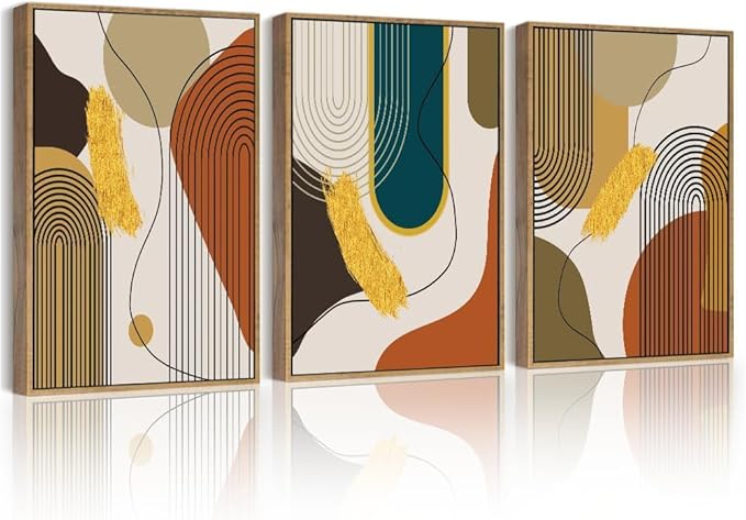 PHOPAGO Boho Abstract Framed Wall Art Mid-Century Modern Bohemain Minimalist Luxury Gold Line Artwork Kitchen Dining Room Decor - 11x14in Natural Framed