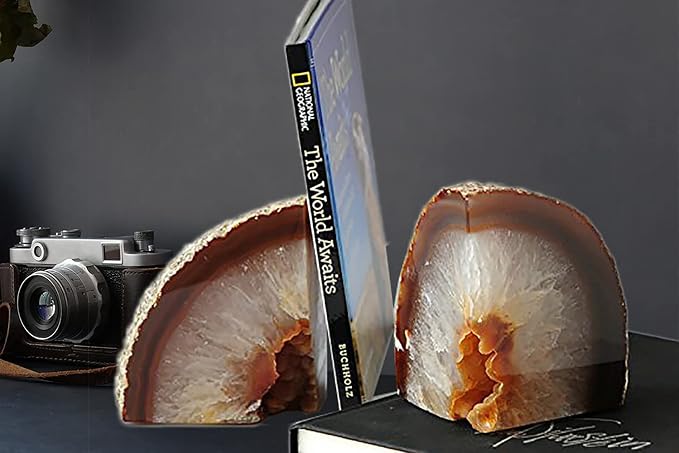 AMOYSTONE Geode Bookends Agate Shelve Decor Crystal Book Ends for Heavy Books Nature Brown with Rubber Bumper(1 Pair, 3-4 LBS)