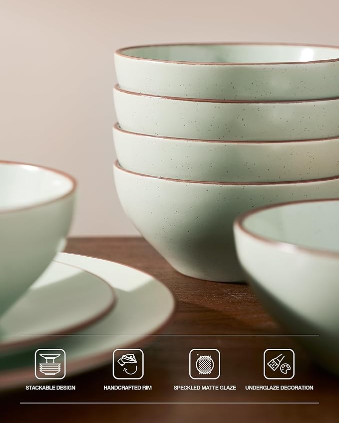 Famiware Venus Plates and Bowls Sets, 24 Pieces Stoneware Speckled Dishes Dinnerware Set for 8, Light Green - Microwave & Dishwasher Safe, Modern Minimalist, for Everyday Meals & Formal Dining