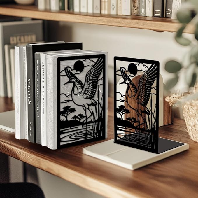 Peacoblue Metal Bookends for Shelves, Modern Decorative Heavy Duty Study Book Ends Stoppers for Office Desk Shelf, Room 5.3"x4.3"x7.9" Cast Iron Tall Bookends 1 Pair (Cranes by Pond with Reeds)