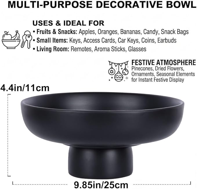QIANLING Black Pedestal Bowl for Home Decor - Matte Black Resin Decorative Fruit Bowl for Kitchen Counter, Coffee Table or Entryway, Modern Centerpiece Bowl for Keys, Candy (Black)