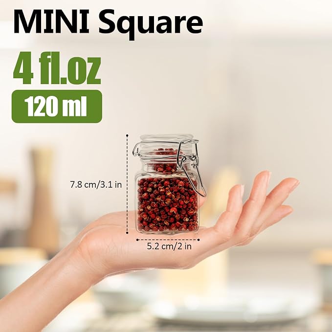 R DRURLCD 20 Pack 4 oz Square Small Glass Spice Jars for Herbs with Airtight Hinged Lids, Spice Containers with Labels,Marker,Spoons,Funnel for Seasoning,Honey Kitchen Storage Wedding Favors