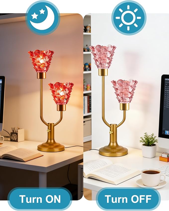 Lightdot Glass Red Table Lamp Dimmable Mid Century Modern Gold Desk Lamp with Shell Flower Shades 2 Bulbs Included 3000K Warmwhite Nightstand Ambience Lamp for Bedroom Bedside Living Room