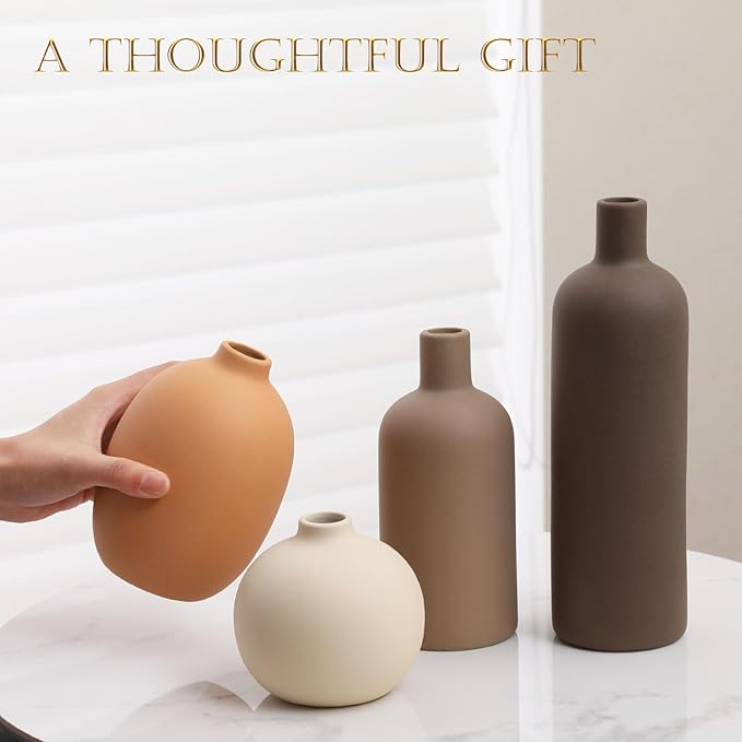 Joeabor Ceramic Vase Set of 4 - Handcrafted Ceramic Vases for Home Decor & Shelf - Modern Farmhouse Decor for Kitchen, Office, Bedroom & Living Room Decorative Objects for Mantel, Table Centerpieces