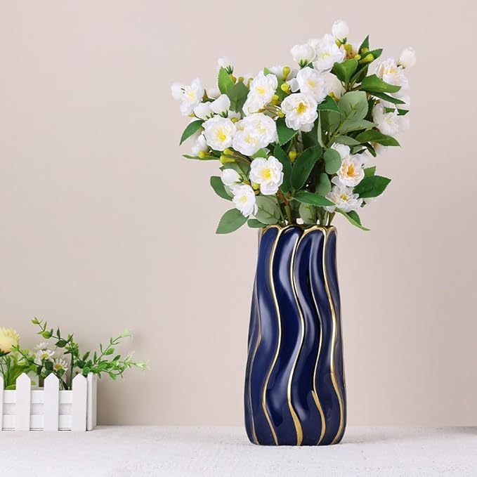 7.5" Blue Ceramic Vase - Minimalist Blue and Gold Flower Vase, Blue Decor Small Pampas Grass Vase, Boho Decorative Centerpiece Vase for Home Decor, Table, Shelf, Mantel, and Entryway