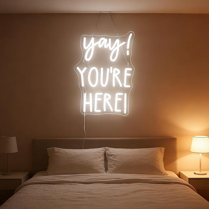 "Yay! You're Here!" Neon Sign, Positive Quotes Decorative Neon Lights for Home Room Classroom Wall Decor, Office Wall Decor Neon Light Sign, Christmas Birthday Gift,Thanksgiving Gift(white)