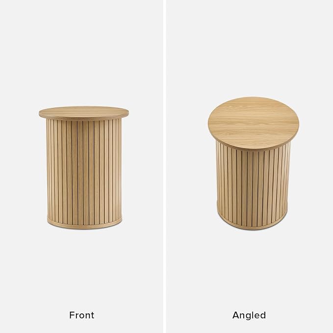 mopio Quin Pedestal Side Table, Tambour Round Fluted End Table, Small Accent Tables for Living Room, Mid Century Modern Night Stand, Circle Bedside Tables, Wood Nightstands for Bedroom (Light Oak)