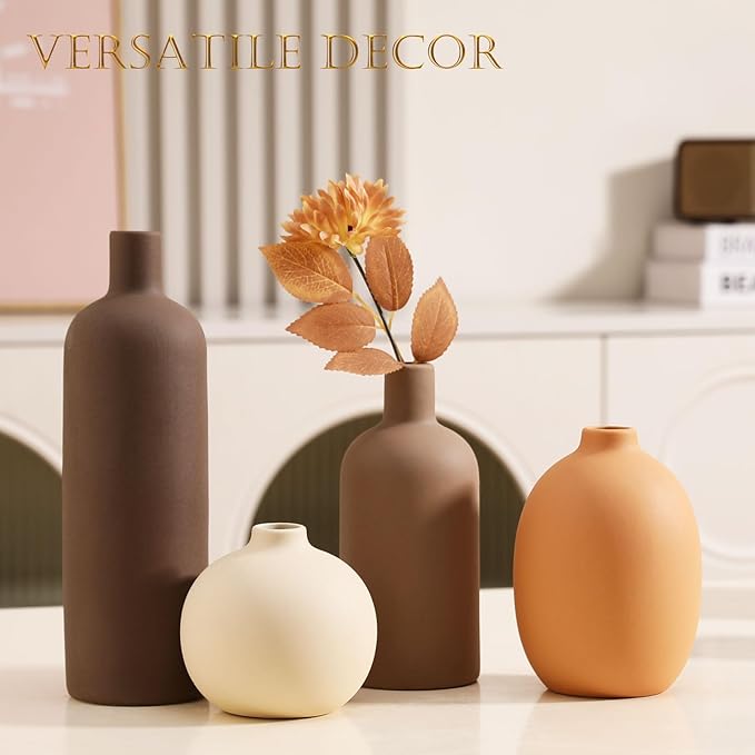 Joeabor Ceramic Vase Set of 4 - Handcrafted Ceramic Vases for Home Decor & Shelf - Modern Farmhouse Decor for Kitchen, Office, Bedroom & Living Room Decorative Objects for Mantel, Table Centerpieces