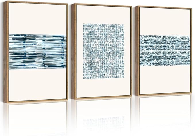 PHOPAGO Blue Abstract Framed Wall Art Modern Boho Neutral Line Wall Decor Bohemain Minimalist Geometric Artwork Home Decor - 11x14in Natural Framed