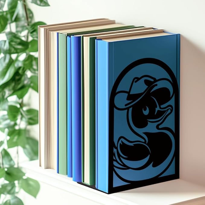 INFUNLY 1 Pair Metal Book Ends for Shelves Cartoon Duck Heavy Duty Bookshelf Holder Stand Black Book Stopper Support for Desktop 7.1x4.7x3.5 for Home Office Library School Kitchen Decor