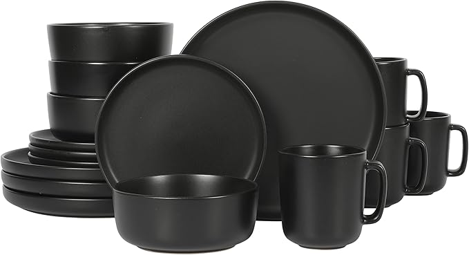 Gibson Home Zuma Stoneware Plates, Bowls, & Mugs Dinnerware Set - Matte Black, Service for Four (16pcs)