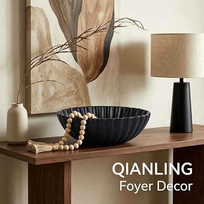 QIANLING Resin Large Black Decorative Bowl for Home Decor - Black Ruffle Fruit Bowl for Kitchen Counter Entryway or Coffee Table or Table Decor - Centerpiece Bowls for Keys, Fruit, Candy