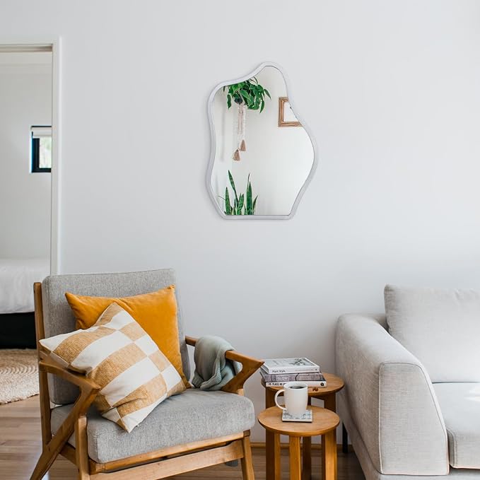 Modern Asymmetrical Mirror Unique Irregular Wooden Framed Mirror for Wall Hanging Mirror Artistic Cloud Shape Wall Mirror Decor Bathroom Bedroom Living Room Entryway Hallway Small