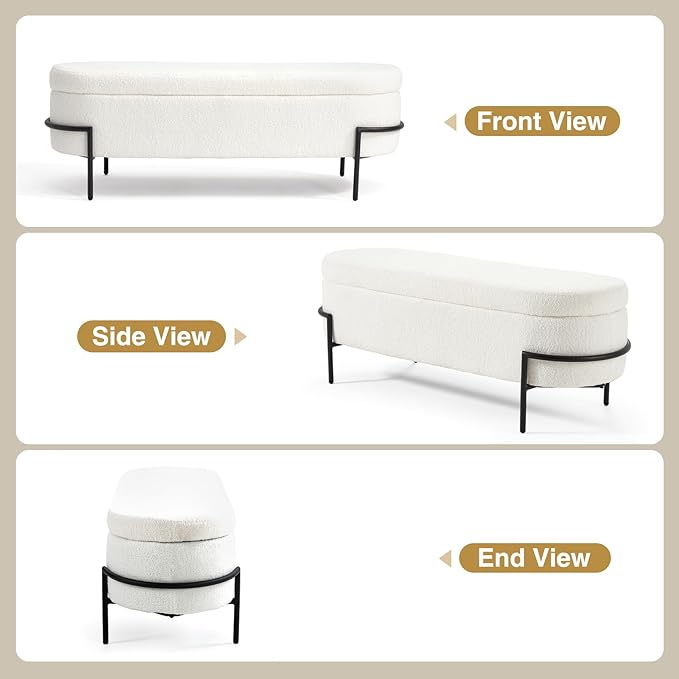 FiveWillowise Sherpa Storage Ottoman Bench for Bedroom, White End of Bed Bench with Storage, Upholstered Boucle Storage Bench with Metal Stand and Hinges, Oval Ottoman for Living Room, 45 Inch