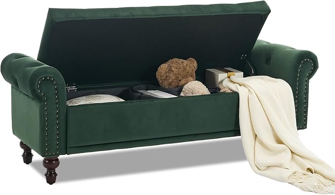 SOFTHION 58.1" Storage Bench Upholstered Velvet End of Bedroom Bed Bench Ottoman with Tufted Cushioned Rolled Arm Large Storage Space for Reading Living Room Entryway,Dark Green