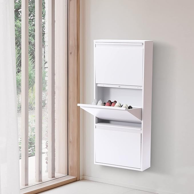 Hidden Shoe Cabinet White Metal Slim Shoe Cabinet Storage with 3 Flip Drawers Modern Entryway Wall Mount Narrow Shoe Rack for Living Room, Bedroom, Hallway