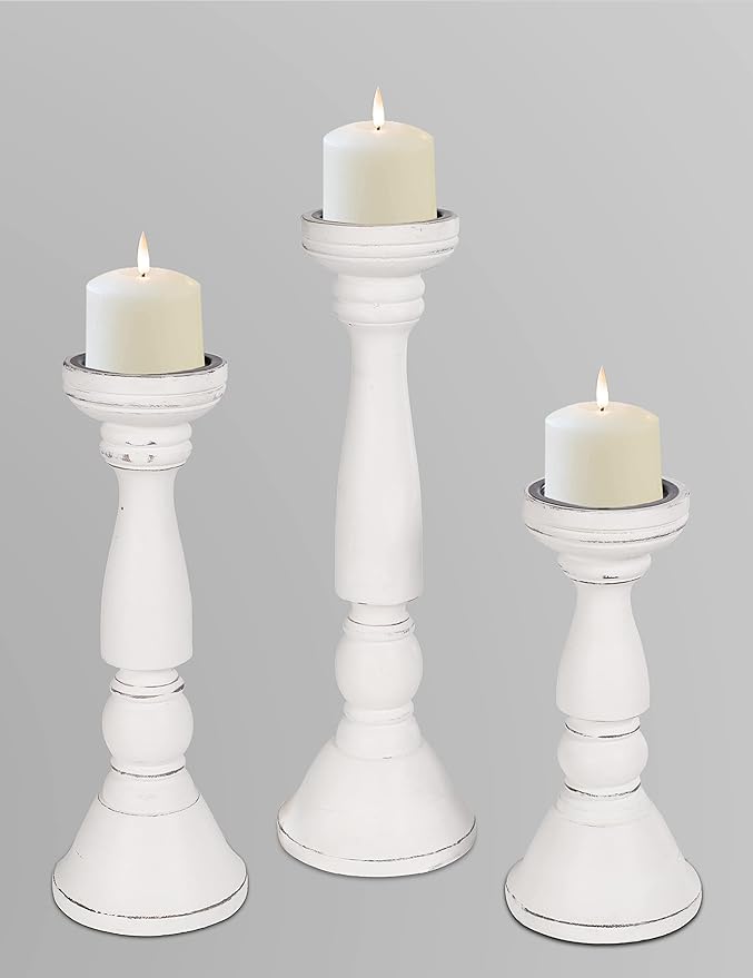 Set of 3 White Antique Farmhouse Wood Pillar Candle Holders - Tall Rustic Candle Holders for Home Decor, Centerpieces, and Weddings, Heights: 16", 14", 12"
