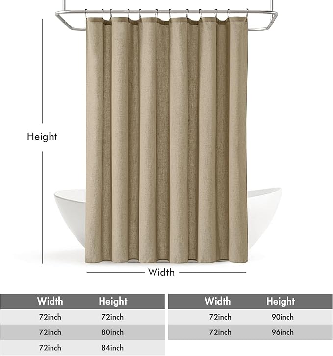 MIULEE Extra Long Linen Shower Curtain 90 Inches with 12 Metal Hooks Boho Farmhouse Heavy Buttonhole Fabric Shower Curtain Set Waterproof Thick Cloth Neutral Curtains for Bathroom W72*L90, Khaki