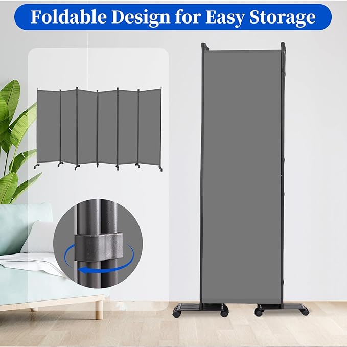 Room Divider 6FT Room Partition with Lockable Wheels, (Thicked Metal Base) Room Dividers, Freestanding Indoor Folding Privacy Screens, Portable Fabric Wall Divider for (Grey, 132"- 6 Panel)