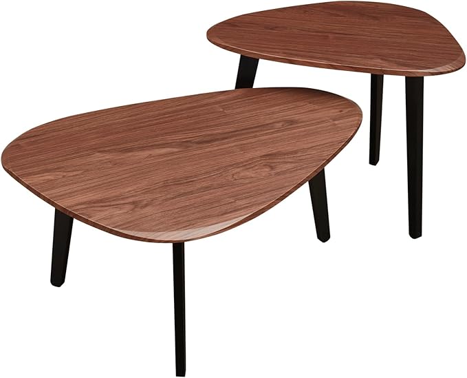 Nesting Coffee Table Set of 2-Mid Century Modern Guitar Pick Stacking Tables with Solid Wood Legs-Waterproof Triangle Center Side End Table for Small Living Room,Apartment,Balcony (Walnut)