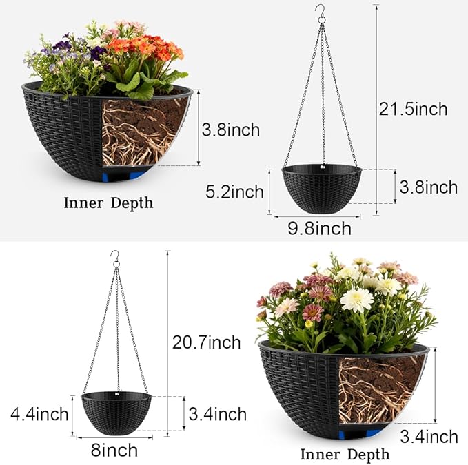 RooTrimmer Hanging Planters for Indoor Outdoor Plants 8 and 10 Inch, 4 Packs Hanging Flower Pot with Drainage Holes, Self-Watering Hanging Basket Perfect for Home, Office and Garden, Black