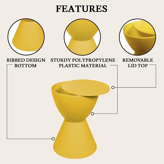 LeisureMod Modern Hourglass Yellow Side Table - ABS Shell Drum End Table with Storage for Indoor & Outdoor Use