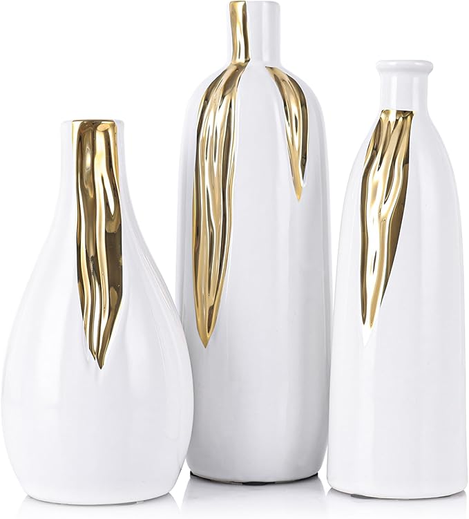 White and Gold Ceramic Vase Set of 3, Ceramic Vase Set for Decorative, White and Gold Single Stem Vases for Centerpieces Nightstand Kitchen, Boho Farmhouse Home Decoration