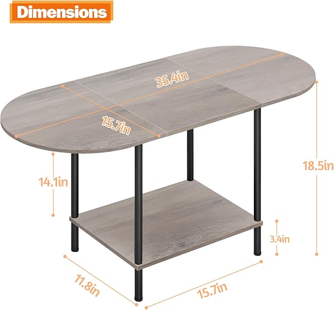 Shinoske Coffee Tables for Living Room,2-Tier Small Oval Center Table Industrial Modern Style Coffee Tables with Storage Shelf and Wood Tabletop for Small Space,Home Office,Rustic Grey