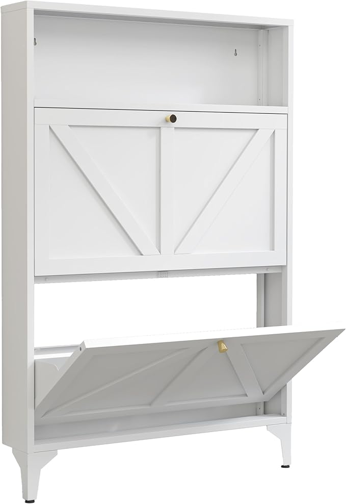 Shoe Cabinet with 2 Flip Drawers, Narrow Shoe Storage Cabinet, Farmhouse Shoe Organizer, Metal Freestanding Organizer with Legs for Entryway, Foyer (2 Door, White)