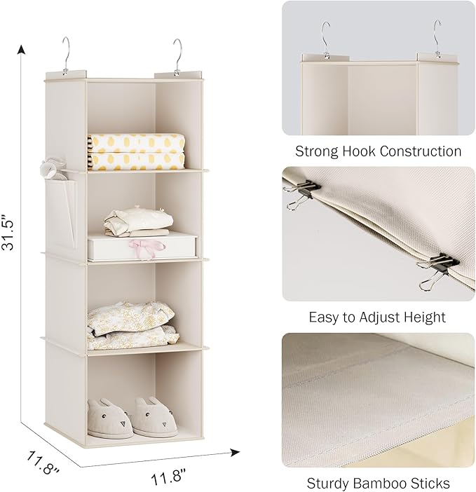 YOUDENOVA Hanging Closet Organizer, 4-Shelf Closet Hanging Storage Shelves, Beige