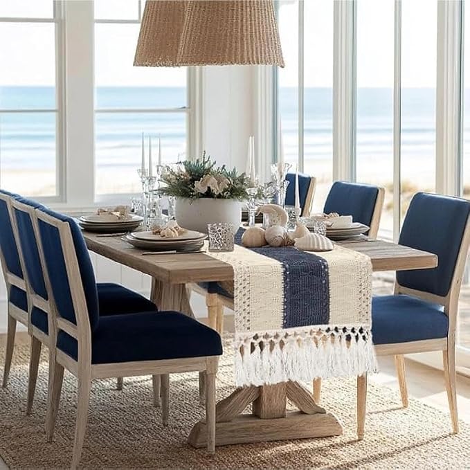 yuboo Table Runner 72 Inches Long, Blue and White Table Runner - Farmhouse Coastal Boho Macrame Dresser Runners for Bedroom, Dining & Coffee Table with Tassels