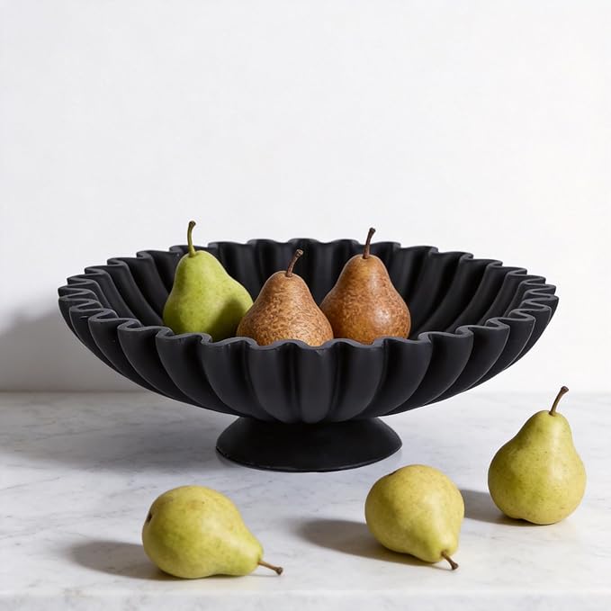 Large Resin Pedestal Decorative Bowl -9.5in Black Decorative Fruit Bowl for Kitchen Counter, Matte Black Bowls, Modern Decorative Centerpiece Bowl for Home Decor, Table Decor, Entryway Key