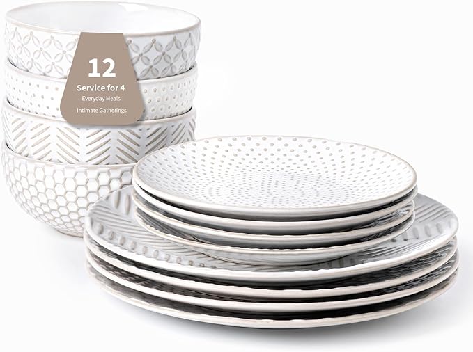 FOBENTA 12 Piece Embossed Dinnerware Sets for 4, Elegant Plates and Bowls Sets, Microwave & Dishwasher Safe, Stoneware for Stylish Home Dining–Perfect Housewarming Gift for Busy Families & Hostesses