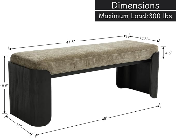 Shunzhi Modern Upholstered Entryway Bench for Bedroom 49” End of Bed Bench with Black Wood Leg Window Ottoman Bench for Living Room/Bedroom/Hallway/Indoor, Green Chenille
