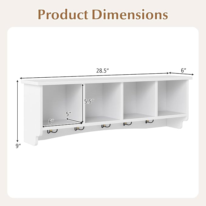 Giantex Wall Mounted Coat Rack, 28.5'' Wooden Floating Shelf with 4 Cubbies & 5 Double Hooks, Modern Space-Saving Storage Display Organizer for Entryway, Hallway, Mudroom (White)