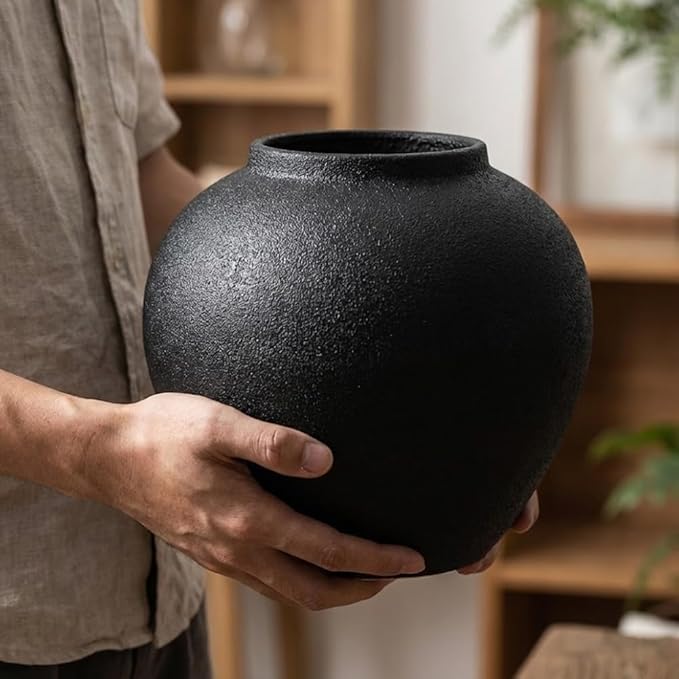 8.3″ Matte Black Ceramic Vase – Modern Rustic Decorative Vase for Pampas Grass, Flowers & Greenery – Small Round Table Centerpiece for Living Room, Entryway, Shelf Decor