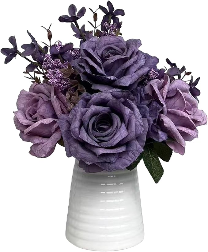 Artificial Purple Rose Arrangement in White Ceramic Vase, 10 Inch Silk Flowers with Foliage, Modern Contemporary Floral Bouquet for Home, Office, Wedding Decor