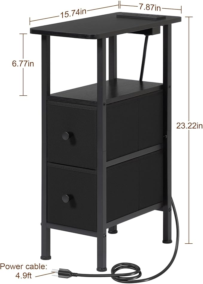 LOAKEKEL Narrow Nightstand with Charging Station, End Tables Living Room Set of 2, Skinny Side Table with Fabric Drawers, Slim Sofa Table for Bedroom, Small Spaces, Couch, Black, HETNDP02BK
