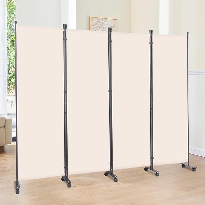 Room Divider 6FT Room Partition with Lockable Wheels Room Dividers, Freestanding Indoor Folding Privacy Screens, Portable Fabric Wall Divider (Cream, 88"- 4 Panel)