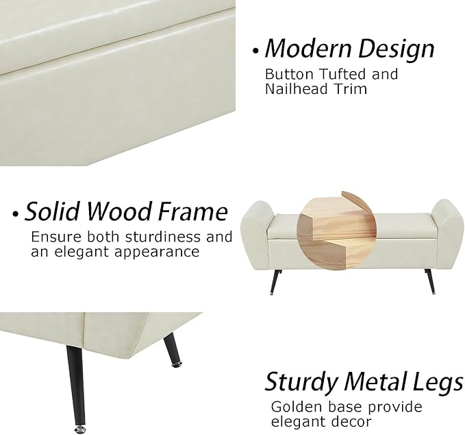 Storage Bench for Bedroom, 57" Extra Long Bench for King Size Bed, Modern Upholstered End of Bed Ottoman Bench with Arms for Entryway Living Room (Vegan Leather, Beige)